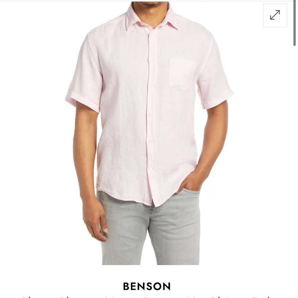Bensen NWT men’s pale pink button front short sleeve shirt size large linen